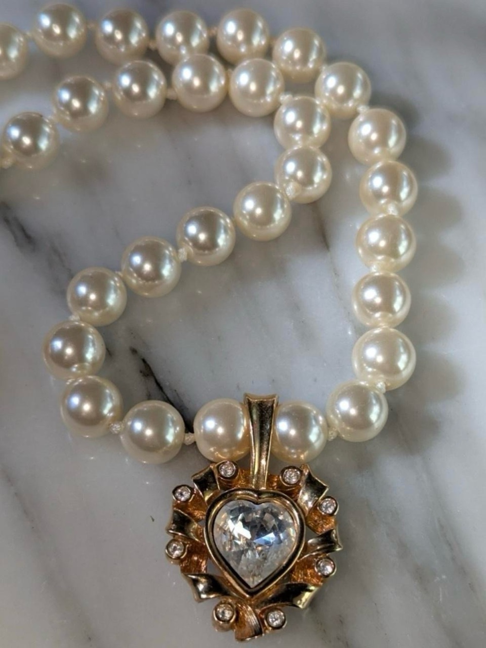 Swarovski Vintage Heart Pearl Look Necklace SAL S.A.L. Gold Plated Gold Tone - Picture 3 of 8